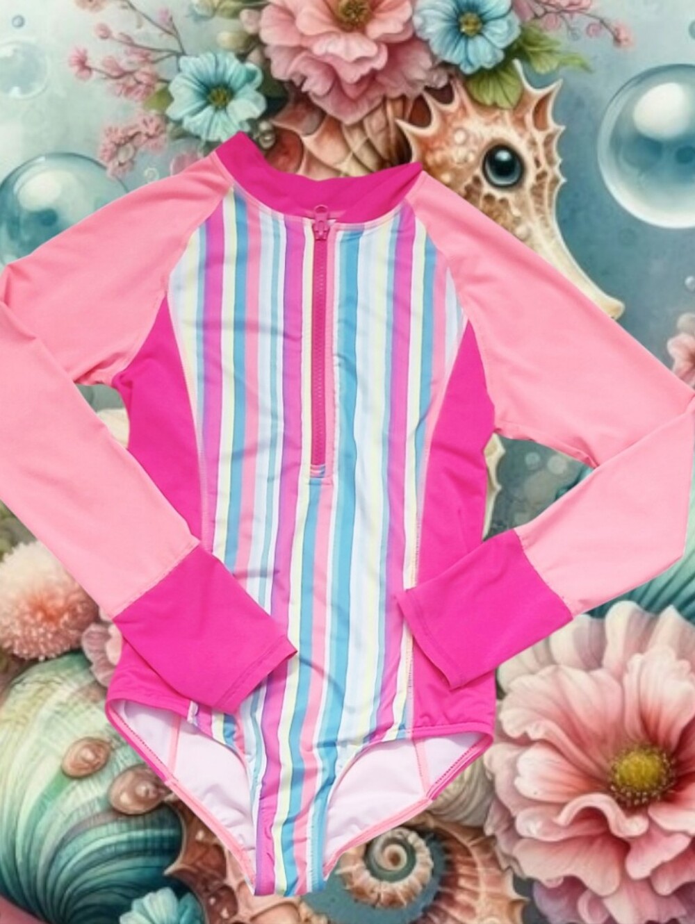 Lands' End Girl's Long Sleeve Half-zip Rash-Guard One-piece Swimsuit